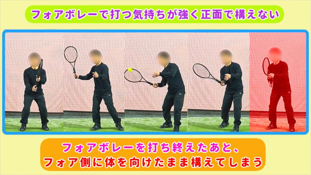 フォアボレーで打つ気持ちが強く正面で構えない