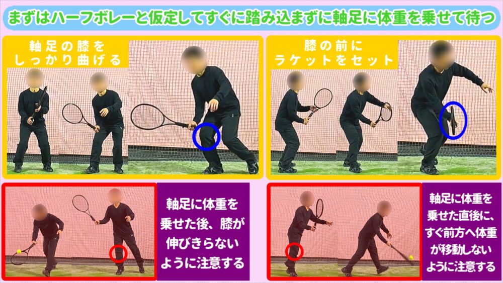 ①まずはハーフボレーと仮定してすぐに踏み込まずに軸足に体重を乗せて待つ