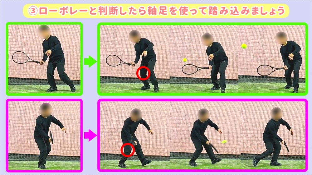 ②ハーフボレーなら体を横向きにしてラケットを下げてワンバウンドで返球