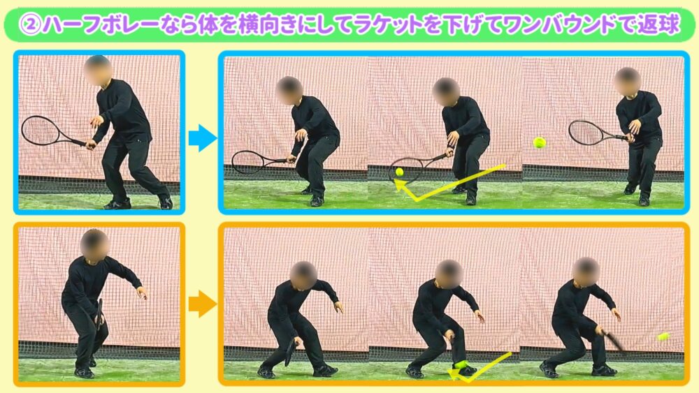 ②ハーフボレーなら体を横向きにしてラケットを下げてワンバウンドで返球
