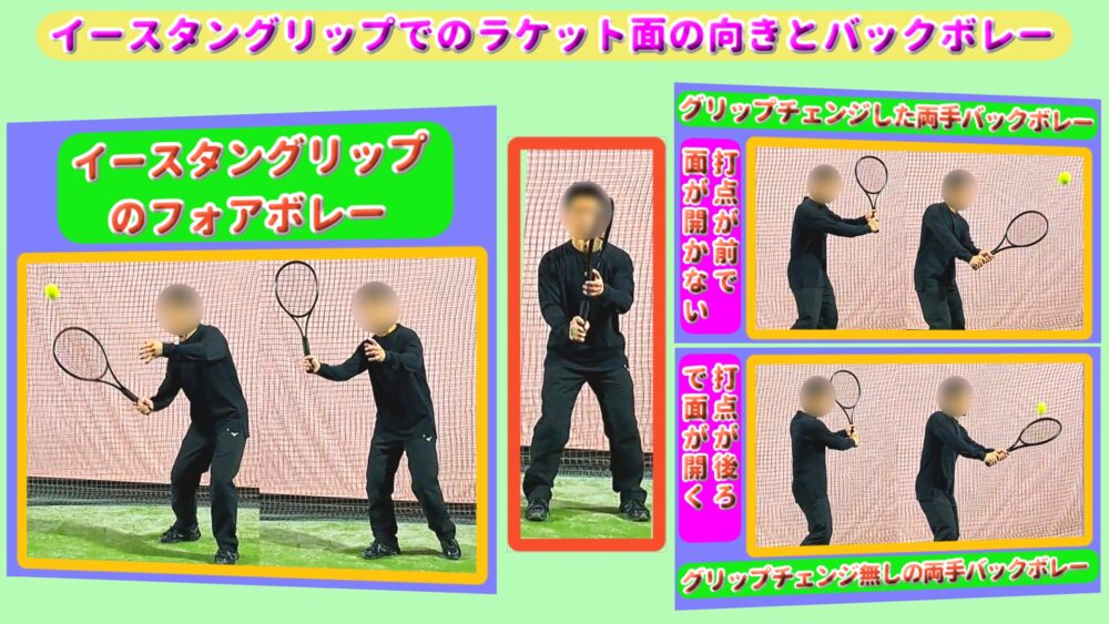 ボレーでイースタングリップでのラケット面の向きとバックボレー