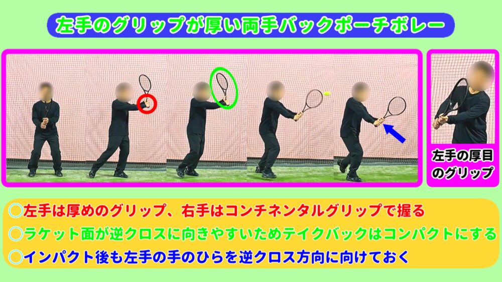 左手のグリップが厚い両手バックポーチボレー