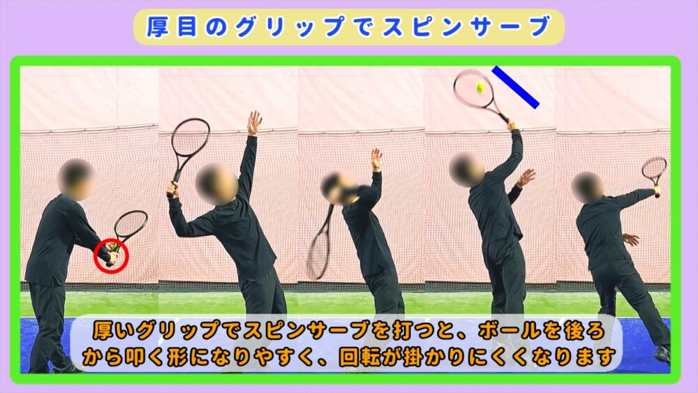 厚めのグリップではスピンサーブは打てない